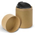 A drink bottle made of borosilicate glass, 350ml, with a black lid, displayed in a cylindrical brown cardboard packaging.