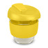 A drink bottle made of borosilicate glass, featuring a bright yellow silicone sleeve and lid.