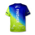 A custom men's sports t-shirt featuring a blue and neon green design, with a logo on the back and a "FINISHER" label.