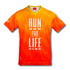 A vibrant orange and yellow performance V-neck T-shirt with a logo and bold text design.