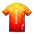 A vibrant orange and yellow performance V-neck T-shirt with a logo and branding.