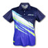 A navy blue men's sports polo featuring a dynamic blue and green design, with a logo on the front.