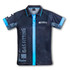 A custom men's performance polo shirt in black with blue accents and a logo.