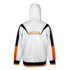 A white and orange men's sports hoodie featuring black accents and a logo on the back.
