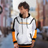 A custom men's sports hoodie in white and orange with a logo, featuring a drawstring hood and kangaroo pocket.