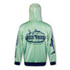 A mint green zipped hoodie featuring fishing-themed graphics and a logo on the back and sleeve.