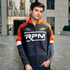 A man wears a custom men's premium softshell jacket in grey, orange, and white, featuring a brand logo.