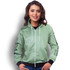A light green zipped hoodie for women featuring a logo, with black accents on the sleeves and cuffs.
