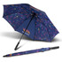 A full colour umbrella with a navy blue background and a vibrant, patterned canopy, featuring a black handle and a logo.