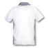 A white men's tennis top featuring a collar and colourful side stripes, with a logo on the back.