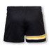 Custom women's AFL shorts in black with a trim of yellow and white. Features an elastic waistband and a logo.