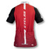 A red and black women's cycling top featuring vertical stripes and a branding logo on the back.