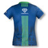 A blue women's rugby t-shirt featuring green stripes and a logo on the back.