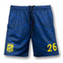 Custom women's soccer shorts in dark blue with a pattern and a logo, featuring a yellow number 26.