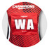 A red netball bib with black stripes, featuring a large white "WA" and a logo.