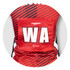 A red netball bib featuring bold stripes and a pocket for a number, with a logo present.