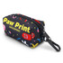A small black pet bag dispenser with colourful prints and a clip for attachment. It features a zip closure.