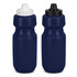 A drink bottle in navy blue featuring two different cap colours, one white and one black, with a sleek design.