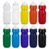 A drink bottle collection featuring white, yellow, orange, red, green, blue, black, and purple options, all with a cap and logo.