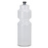 A drink bottle in clear plastic with a black nozzle cap and an ergonomic shape for comfortable handling.