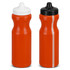 A drink bottle with a bright orange body, featuring black and white caps and a logo on the surface.