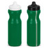 A drink bottle, green in colour, with one sporting a white cap and the other a black cap. Both feature a logo.