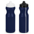 A drink bottle in navy blue with two different lid options: one white and one black. Features a logo.