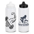A drink bottle in white with a gym logo and a black bottle featuring a cycling graphic, both with branding.