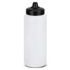 A drink bottle with a black lid and nozzle, featuring a clear white body. It has a logo on the side.