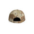 A camouflage cap featuring a varied tan and green pattern, with a logo on the back and an adjustable strap.
