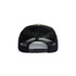 A black mesh cap with a camouflage pattern on the front, featuring an adjustable strap at the back.