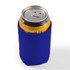 A drink can is nestled in a blue stubby cooler. The cooler is designed to keep beverages cold.