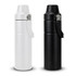 A drink bottle set featuring a white bottle and a black bottle, both with a silver handle and logo.