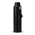 A drink bottle in sleek black with a secure lid and a carrying handle, featuring a logo.