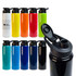 A drink bottle collection featuring various colours, including white, orange, green, blue, and black. Each bottle has a flip straw lid and a logo.