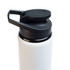 A drink bottle with a white body and a black free flow lid, featuring a sturdy handle and a logo.