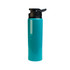 A drink bottle in teal with a black free flow lid. It features a smooth, glossy finish and a sleek design.