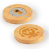 A drink bottle opener coaster made of natural bamboo with a silver opener and a branded logo on one side.