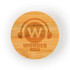 A round bamboo coaster features an engraved logo with the text "WONDER MEDIA" and a headphone graphic.