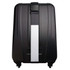 A black suitcase featuring a luggage strap across its surface for secure fastening.