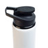 A drink bottle featuring a white body and a black free flow lid, designed for easy dispensing.