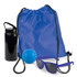 A drawstring backpack in blue, a black drink bottle, a blue ball, and a pair of purple sunglasses.