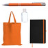 An orange tote bag, an orange pen, a small clear bottle, and a black notebook with an orange elastic closure.