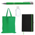 A green tote bag, pen, hand sanitizer bottle, and black notebook with a green ribbon bookmark. All items have branding.