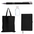A black tote bag, black pen, sanitizer bottle, and black notebook organized in a promotional product pack.