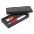 A gift set featuring a white pen with a red grip and a red USB drive, presented in a black box.