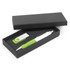 A pen and a small USB flash drive are presented in a sleek black gift box, featuring a green accent on both items.