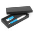 A pen with a blue grip and a USB flash drive in a black gift box. Both items feature branding.