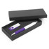 A gift set featuring a pen with a purple grip and a matching USB flash drive, presented in a sleek black box.