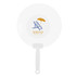 A white handheld fan featuring a graphic design of a deck chair and umbrella, with a logo in the centre.